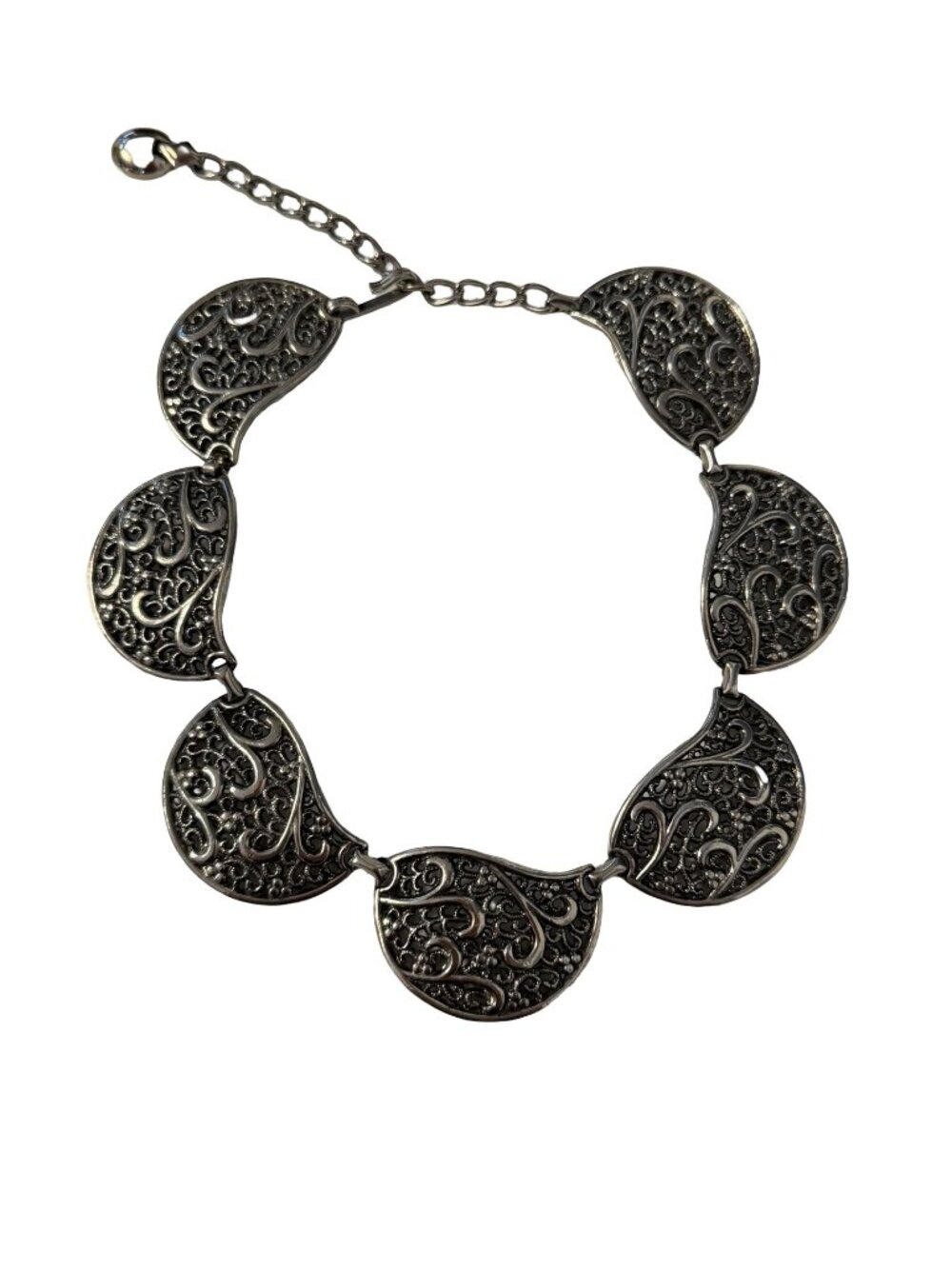Vintage Silver Tone Filigree Statement Necklace Scrollwork Link Adjustable 10"